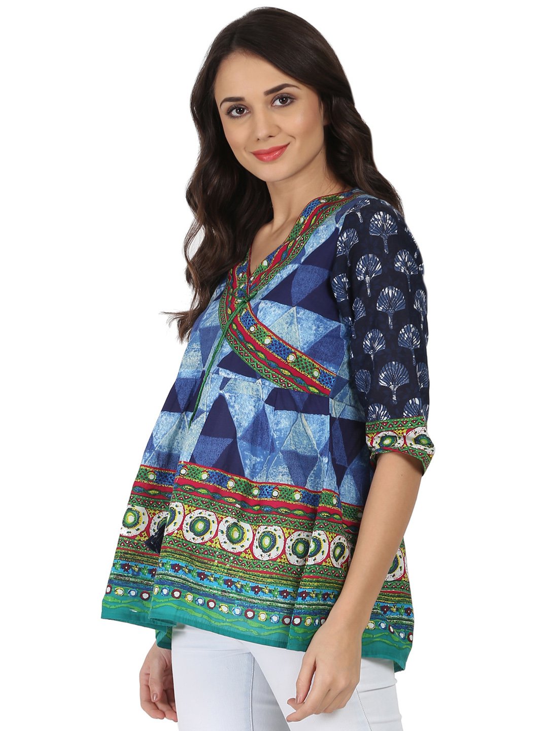 Blue Printed 3/4Th Sleeve Cotton Angrakha Style Tunic With Latkan Work At Yoke | LASVINI - Redefining Indian Fashion with Elegance