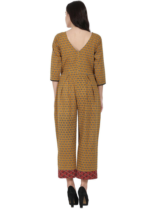 Yellow Printed 3/4Th Sleeve Cotton Jumpsuit With Double Pocket & Dori Work At Yoke | LASVINI - Redefining Indian Fashion with Elegance