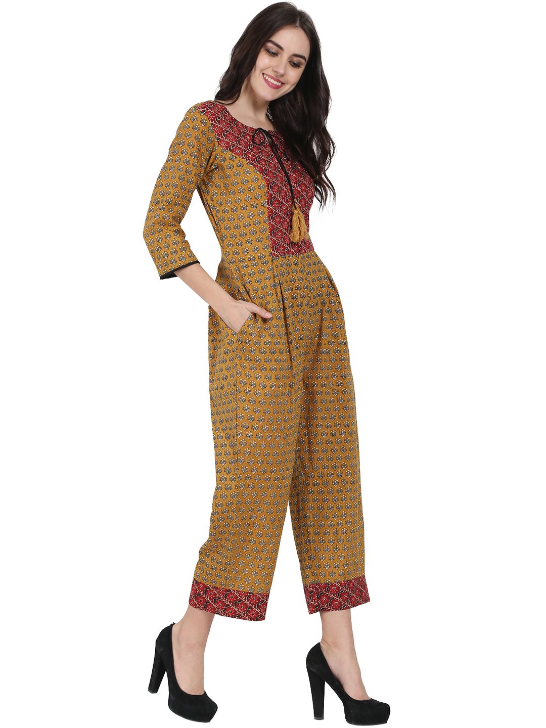 Yellow Printed 3/4Th Sleeve Cotton Jumpsuit With Double Pocket & Dori Work At Yoke | LASVINI - Redefining Indian Fashion with Elegance