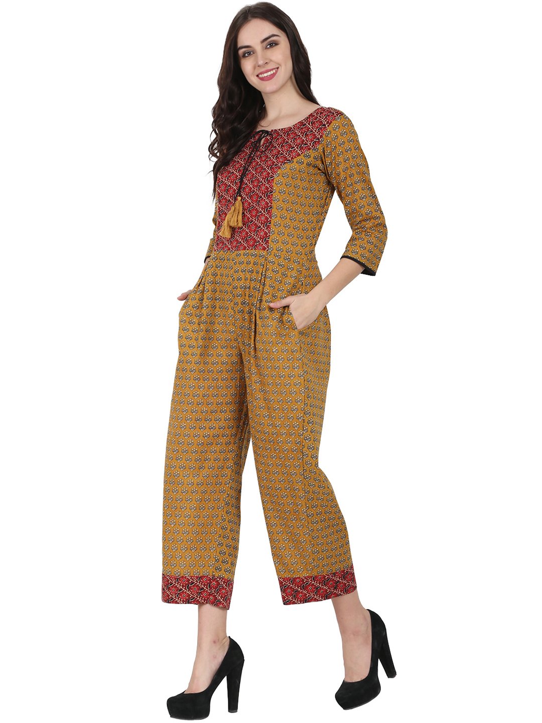 Yellow Printed 3/4Th Sleeve Cotton Jumpsuit With Double Pocket & Dori Work At Yoke | LASVINI - Redefining Indian Fashion with Elegance