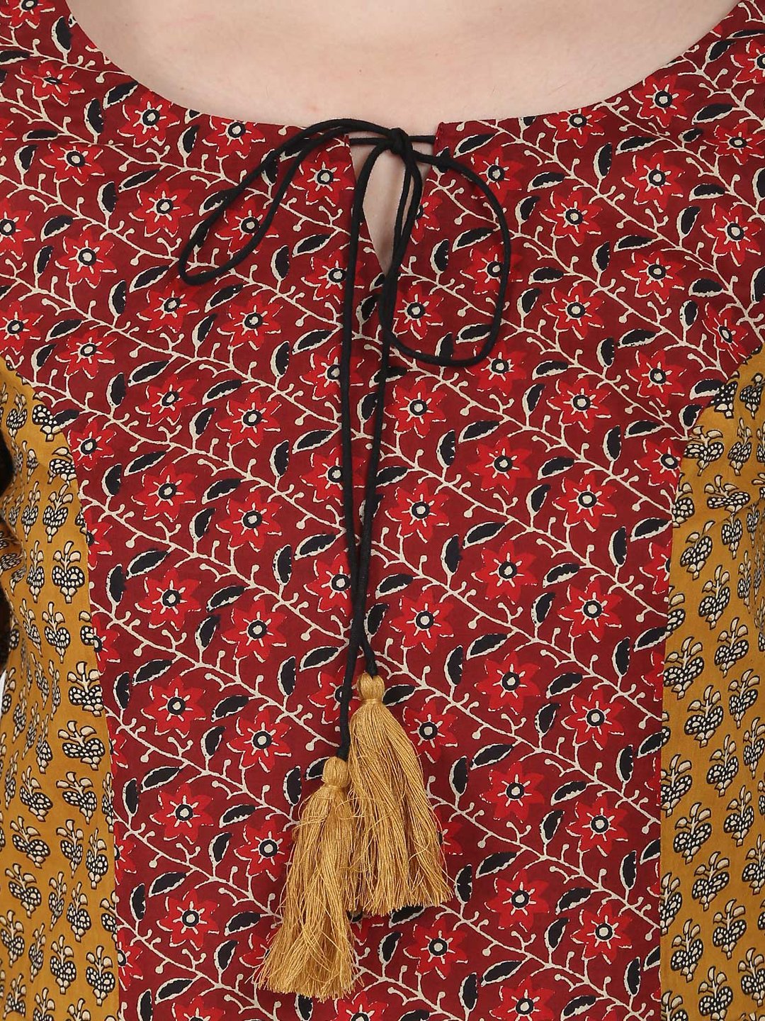 Yellow Printed 3/4Th Sleeve Cotton Jumpsuit With Double Pocket & Dori Work At Yoke | LASVINI - Redefining Indian Fashion with Elegance