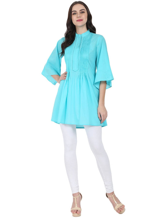 Blue 3/4Th Flared Sleeve Cotton A-Line Tunic With Pleat Work At Yoke | LASVINI - Redefining Indian Fashion with Elegance