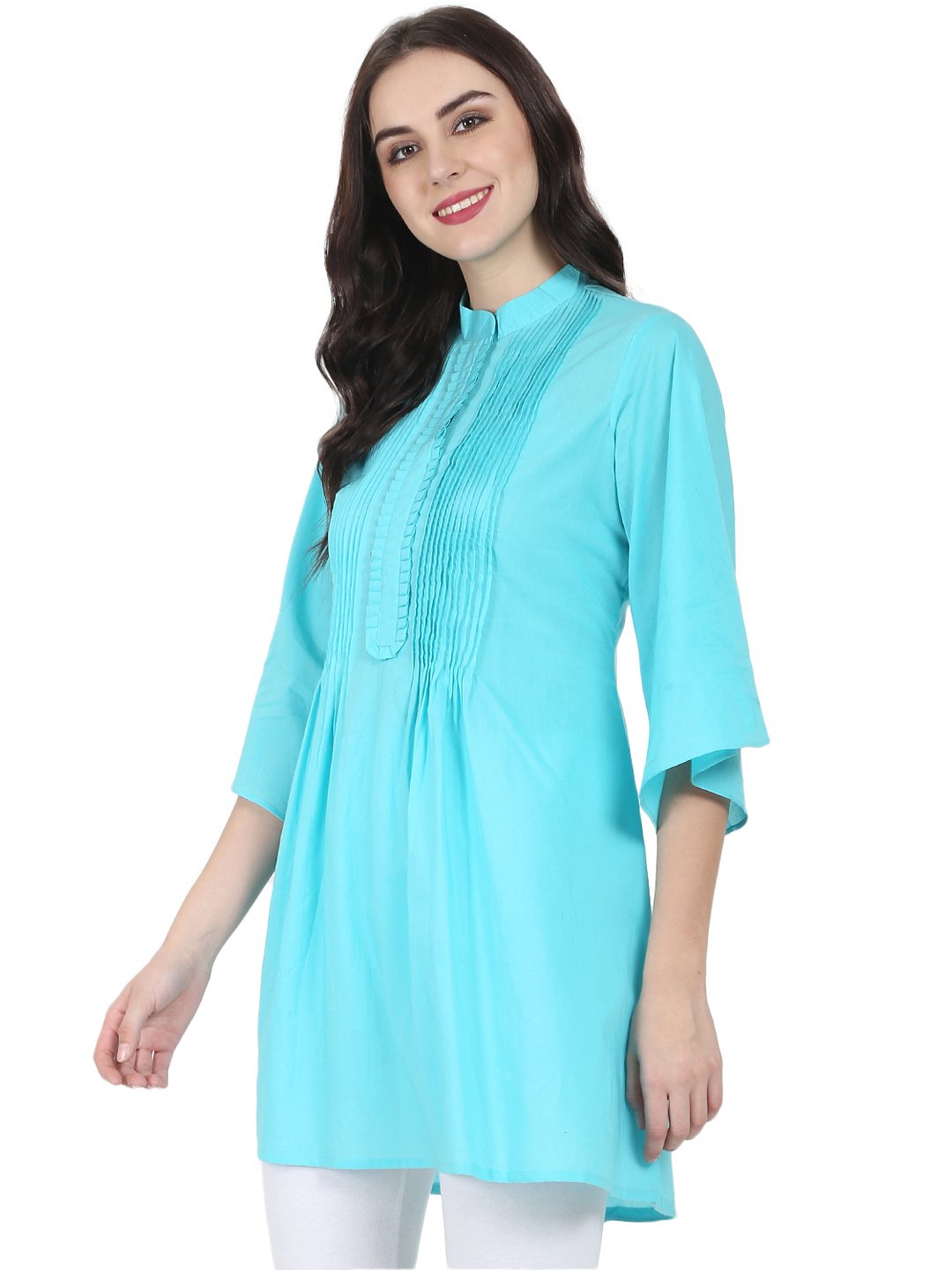 Blue 3/4Th Flared Sleeve Cotton A-Line Tunic With Pleat Work At Yoke | LASVINI - Redefining Indian Fashion with Elegance