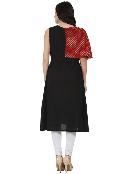 Black Printed Sleeveless Cotton A-Line Kurta | LASVINI - Redefining Indian Fashion with Elegance