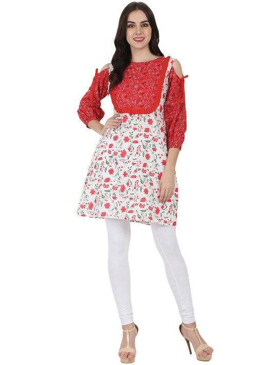 White & Red Printed 3/4Th Sleeve Cotton Cold Shoulder Tunic | LASVINI - Redefining Indian Fashion with Elegance
