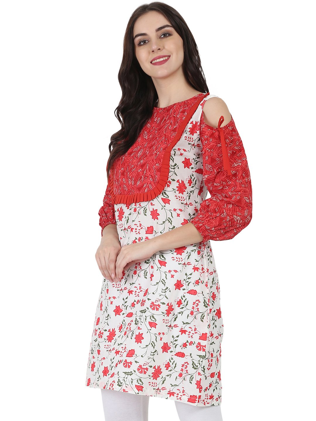 White & Red Printed 3/4Th Sleeve Cotton Cold Shoulder Tunic | LASVINI - Redefining Indian Fashion with Elegance