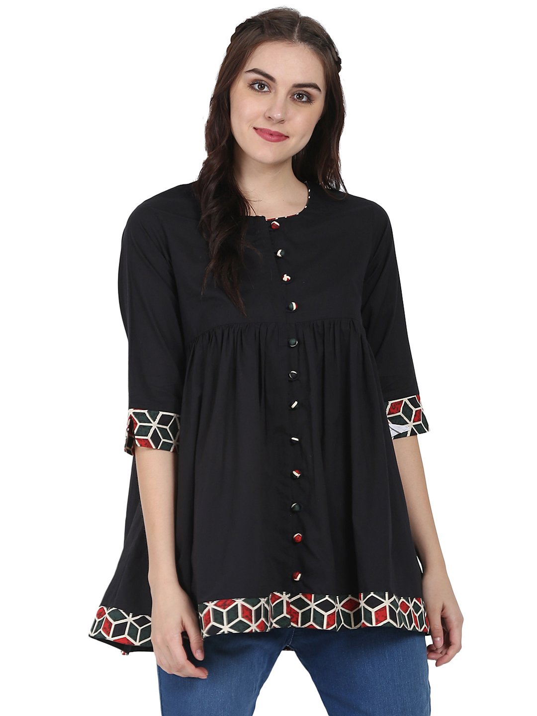 Black 3/4Th Sleeve Cotton A-Line Tunic | LASVINI - Redefining Indian Fashion with Elegance