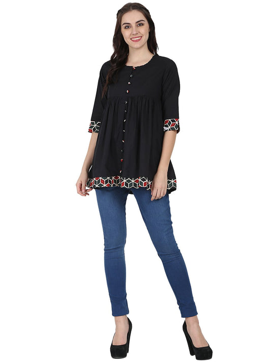 Black 3/4Th Sleeve Cotton A-Line Tunic | LASVINI - Redefining Indian Fashion with Elegance