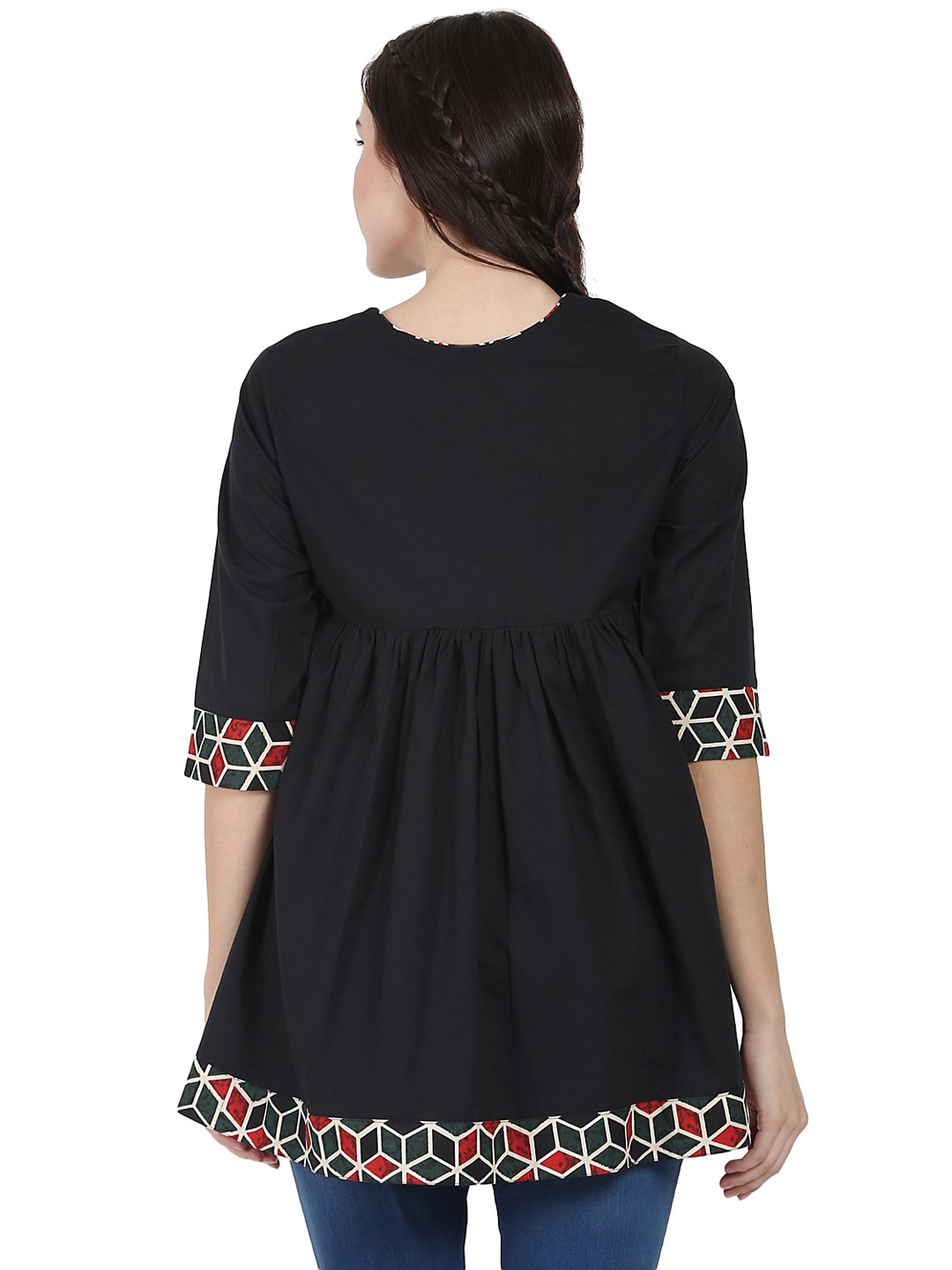 Black 3/4Th Sleeve Cotton A-Line Tunic | LASVINI - Redefining Indian Fashion with Elegance