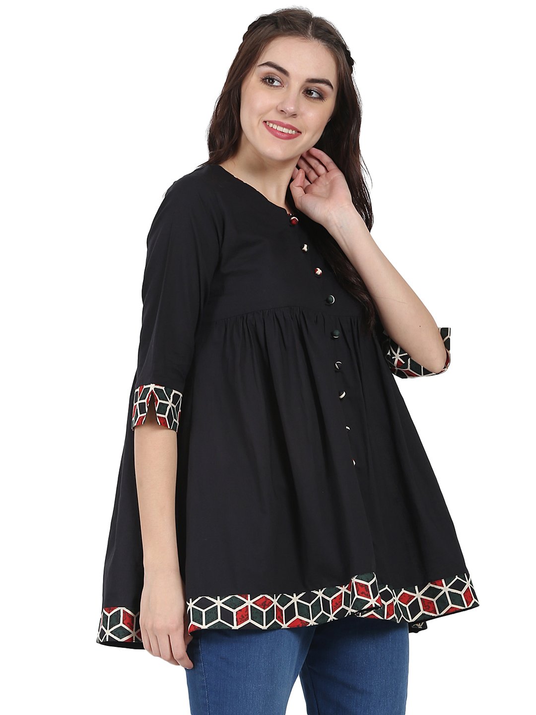Black 3/4Th Sleeve Cotton A-Line Tunic | LASVINI - Redefining Indian Fashion with Elegance