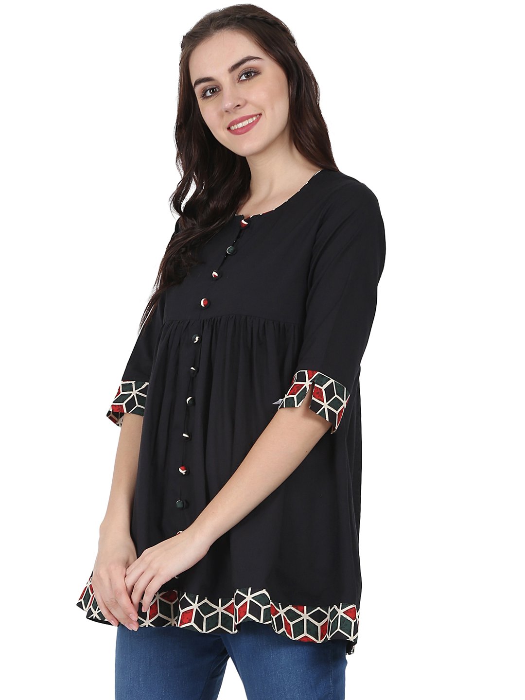 Black 3/4Th Sleeve Cotton A-Line Tunic | LASVINI - Redefining Indian Fashion with Elegance