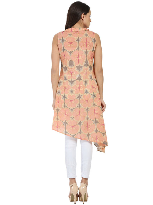 Peach Printed Sleeveless Cotton A-Line Kurta | LASVINI - Redefining Indian Fashion with Elegance