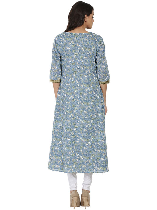 Blue & Green Printed 3/4Th Sleeve Cotton Double Layer Kurta | LASVINI - Redefining Indian Fashion with Elegance
