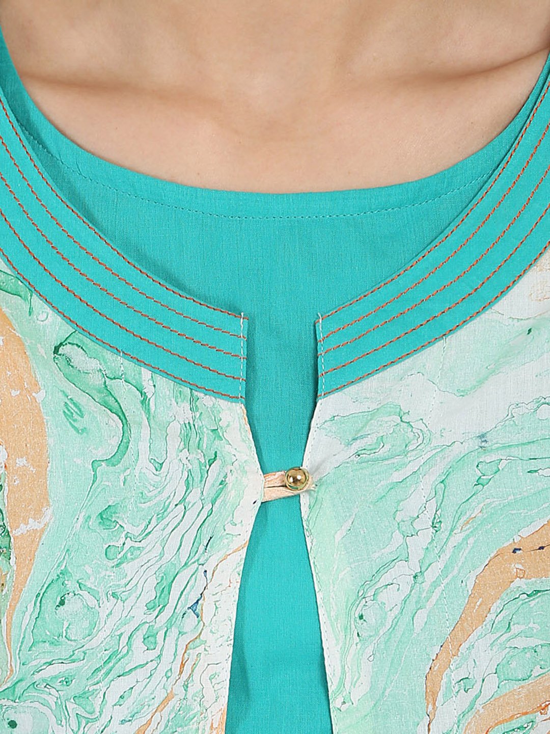 Sea Green Marbal Printed 3/4Th Sleeve Cotton Double Layer Kurta | LASVINI - Redefining Indian Fashion with Elegance