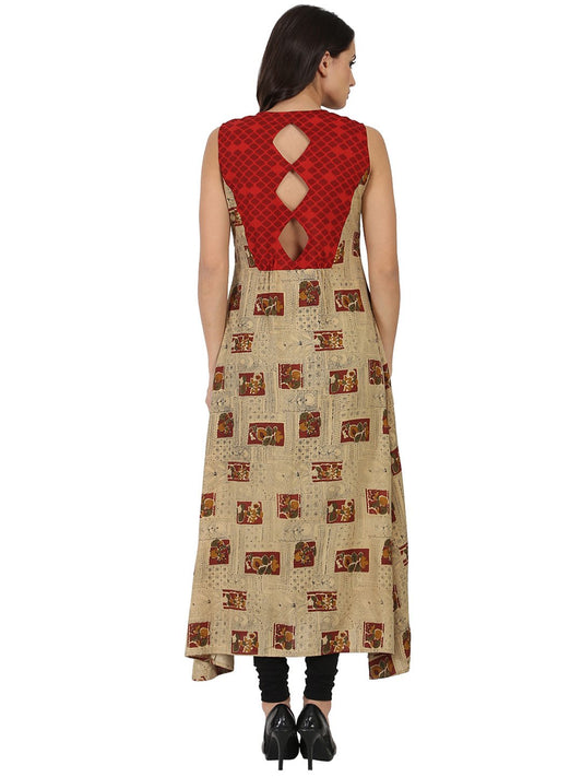 Beige Printed Sleeveless Cotton Anarkali Kurta | LASVINI - Redefining Indian Fashion with Elegance