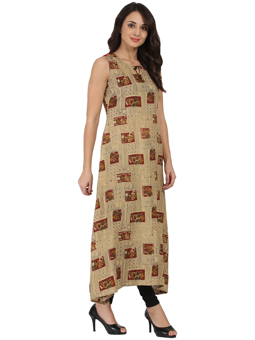 Beige Printed Sleeveless Cotton Anarkali Kurta | LASVINI - Redefining Indian Fashion with Elegance