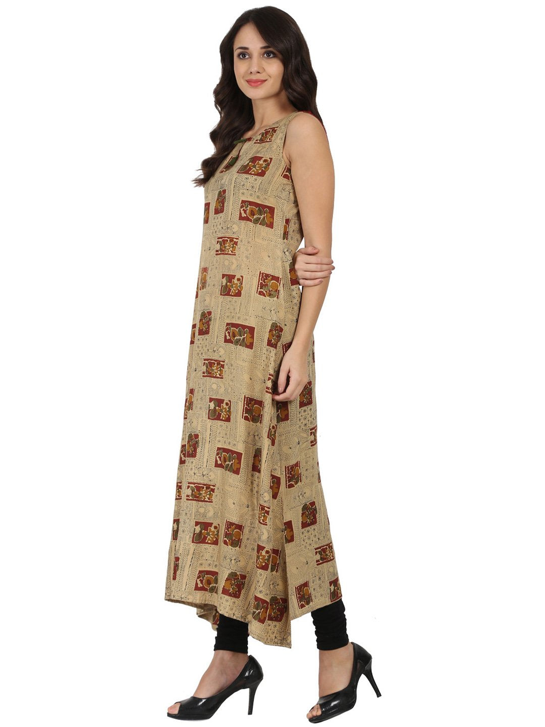 Beige Printed Sleeveless Cotton Anarkali Kurta | LASVINI - Redefining Indian Fashion with Elegance