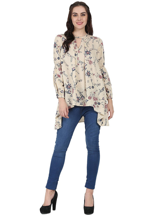 Beige Printed Full Sleeve Rayon Low High Tunic | LASVINI - Redefining Indian Fashion with Elegance