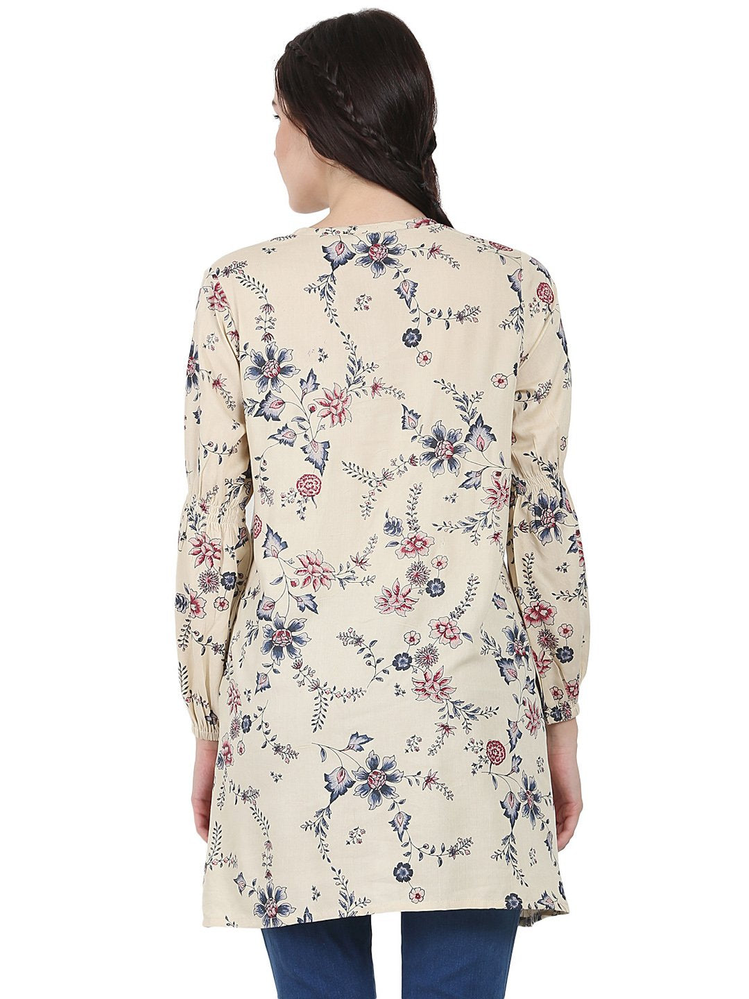 Beige Printed Full Sleeve Rayon Low High Tunic | LASVINI - Redefining Indian Fashion with Elegance