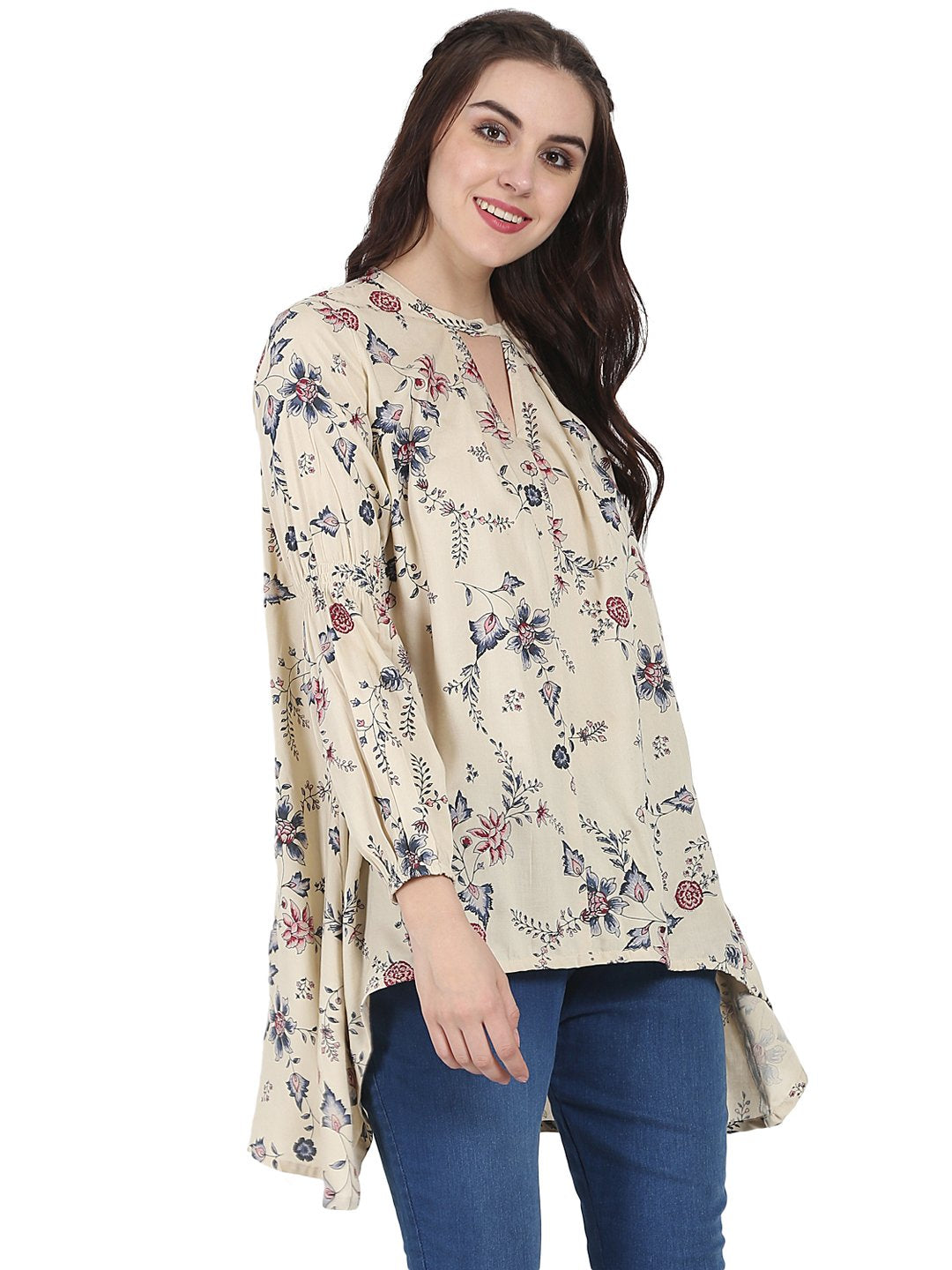 Beige Printed Full Sleeve Rayon Low High Tunic | LASVINI - Redefining Indian Fashion with Elegance