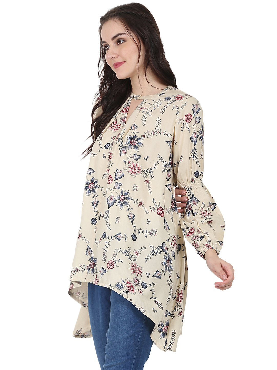 Beige Printed Full Sleeve Rayon Low High Tunic | LASVINI - Redefining Indian Fashion with Elegance