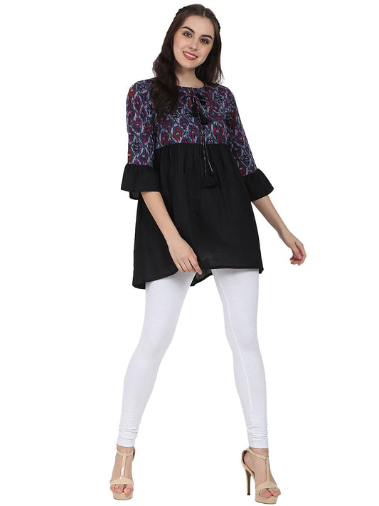 Black Printed 3/4Th Sleeve Cotton Tunic | LASVINI - Redefining Indian Fashion with Elegance