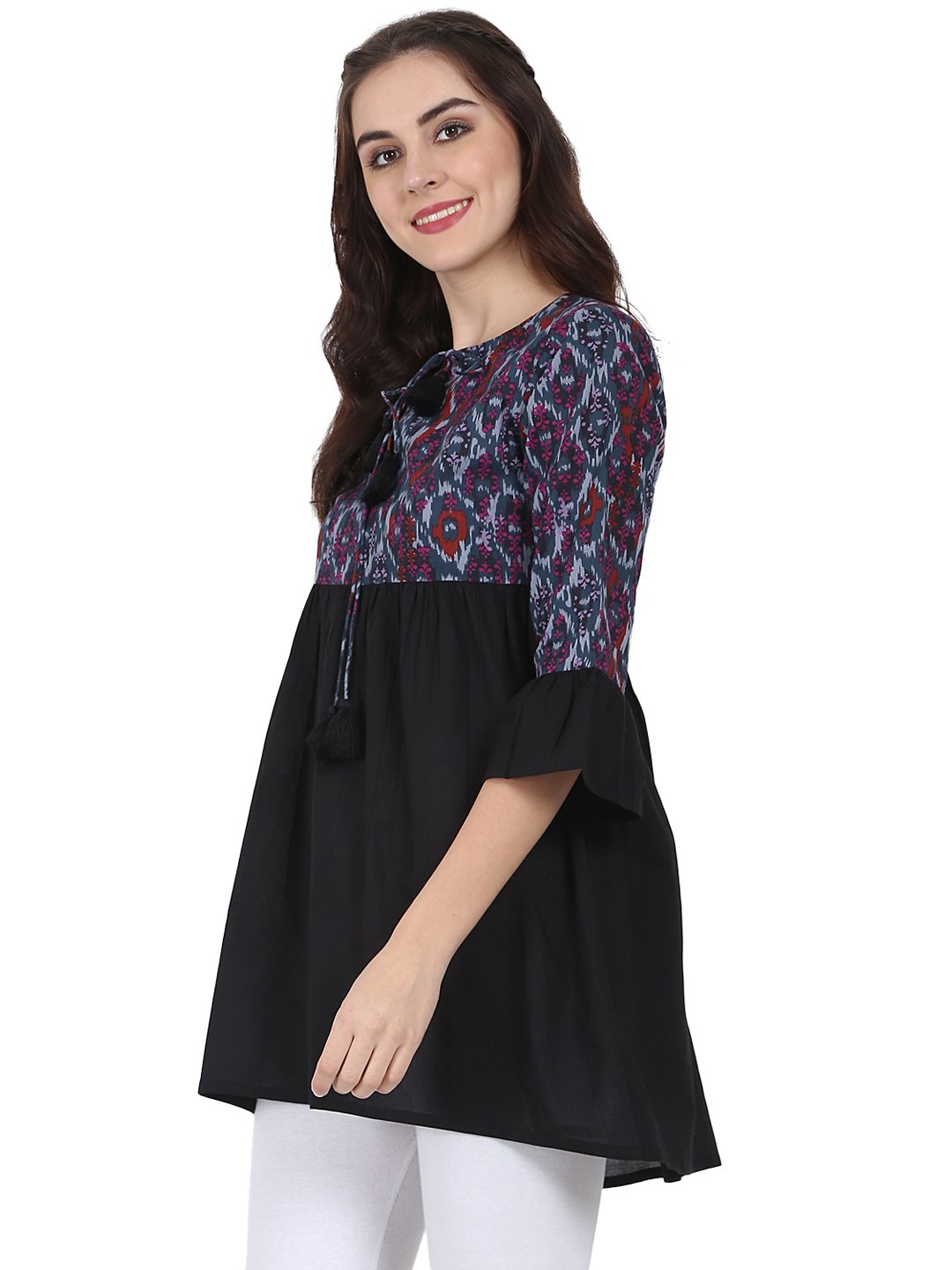Black Printed 3/4Th Sleeve Cotton Tunic | LASVINI - Redefining Indian Fashion with Elegance