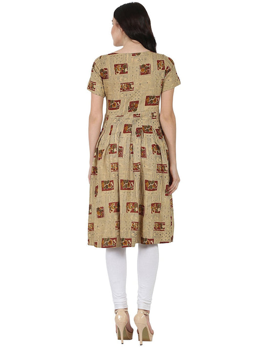 Beige Printed Half Sleeve Rayon Anarkali Kurta | LASVINI - Redefining Indian Fashion with Elegance