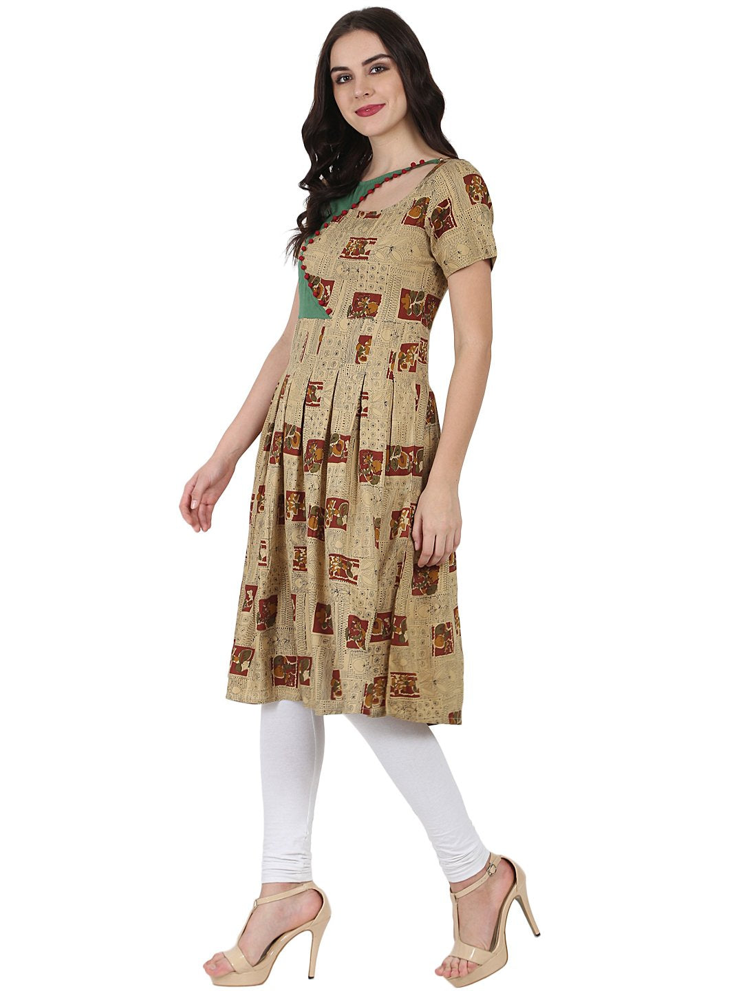 Beige Printed Half Sleeve Rayon Anarkali Kurta | LASVINI - Redefining Indian Fashion with Elegance