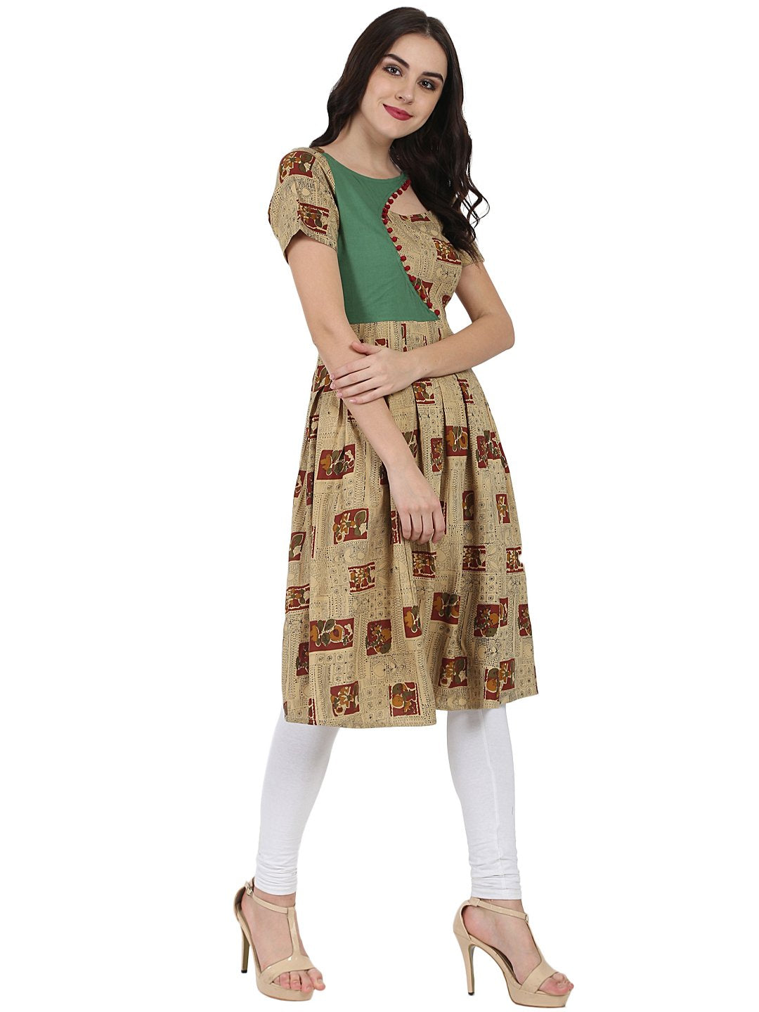 Beige Printed Half Sleeve Rayon Anarkali Kurta | LASVINI - Redefining Indian Fashion with Elegance