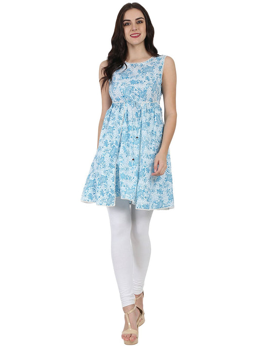 Blue Printed Sleeveless Cotton Tunic | LASVINI - Redefining Indian Fashion with Elegance