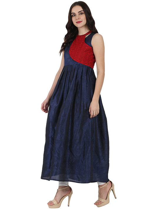 Blue Sleeveless Poly Dupion Long Anarkali Kurta With Yoke Design | LASVINI - Redefining Indian Fashion with Elegance