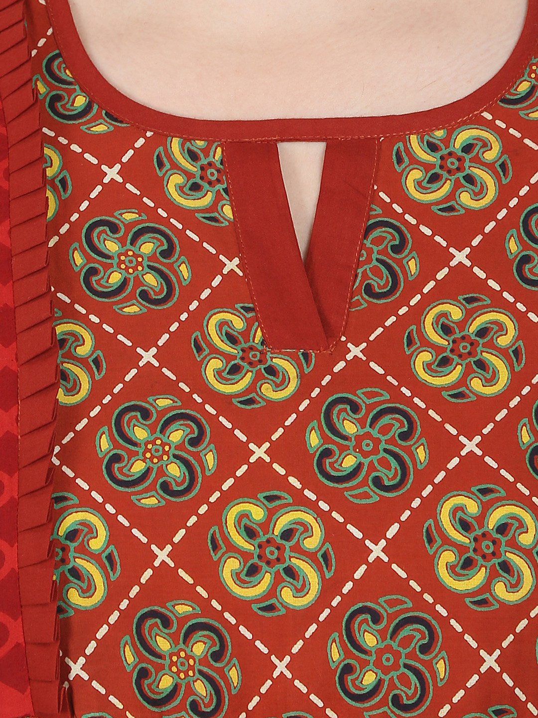 Rust Brown Printed 3/4Th Sleeve Cotton Anarkali Kurta | LASVINI - Redefining Indian Fashion with Elegance