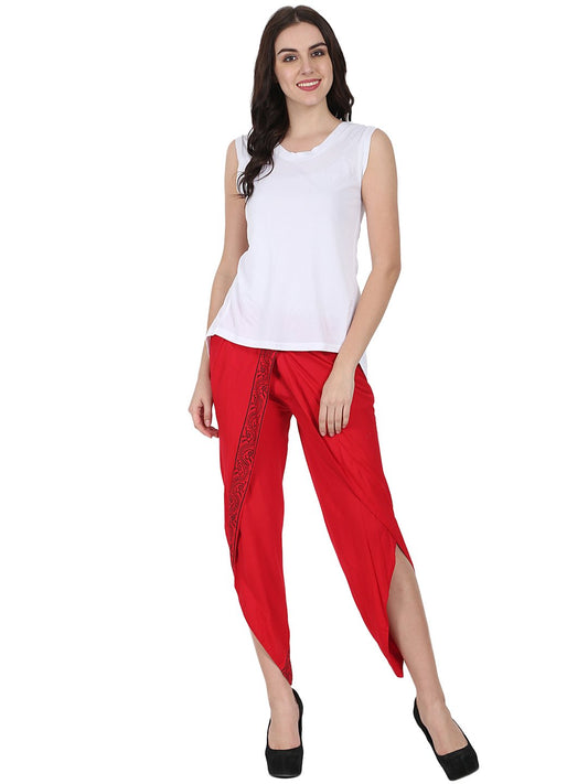 Red Ankle Length Rayon Block Printed Dhoti | LASVINI - Redefining Indian Fashion with Elegance