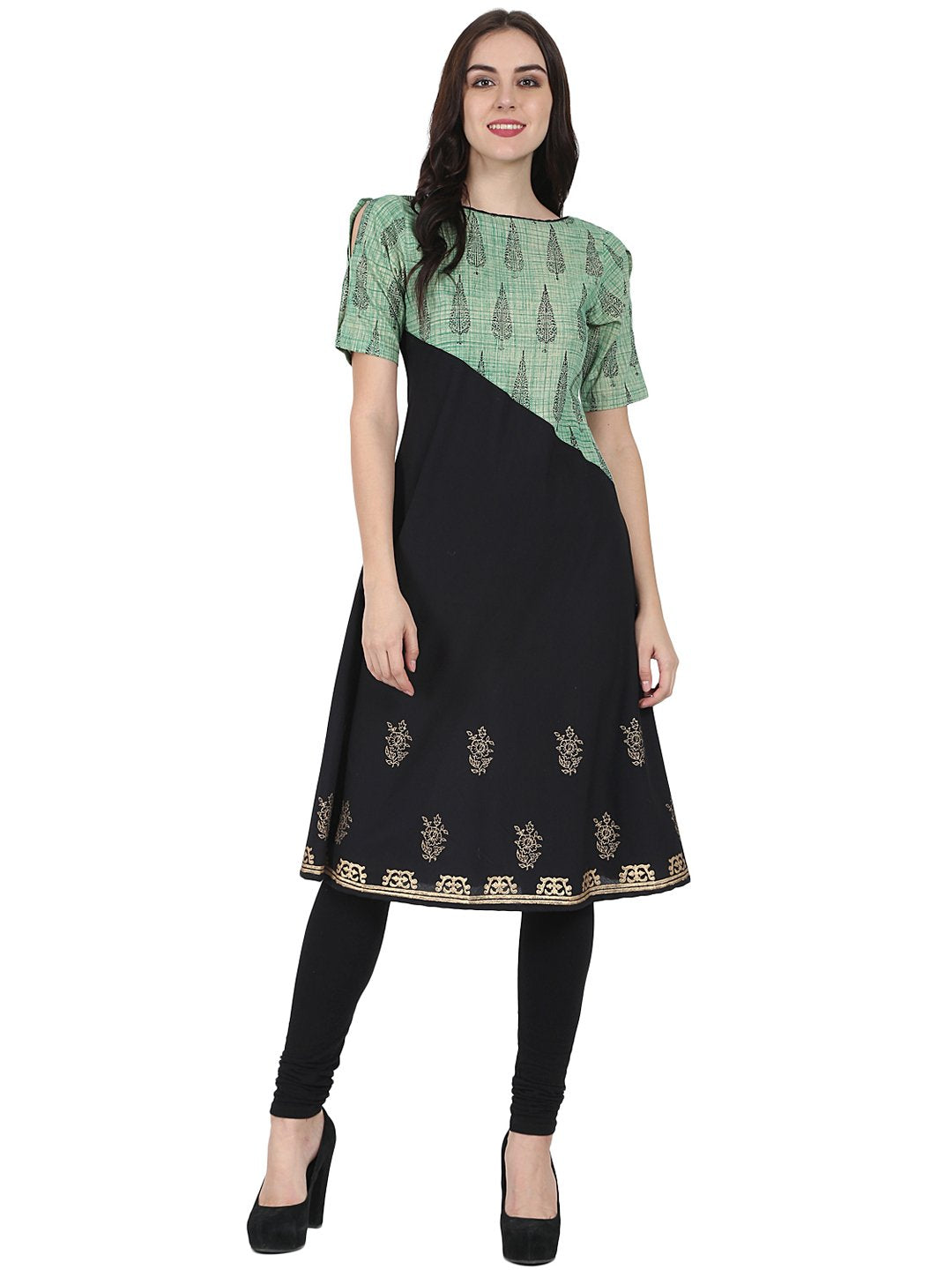 Black & Green Half Sleeve Cotton Block Printed Kurta | LASVINI - Redefining Indian Fashion with Elegance