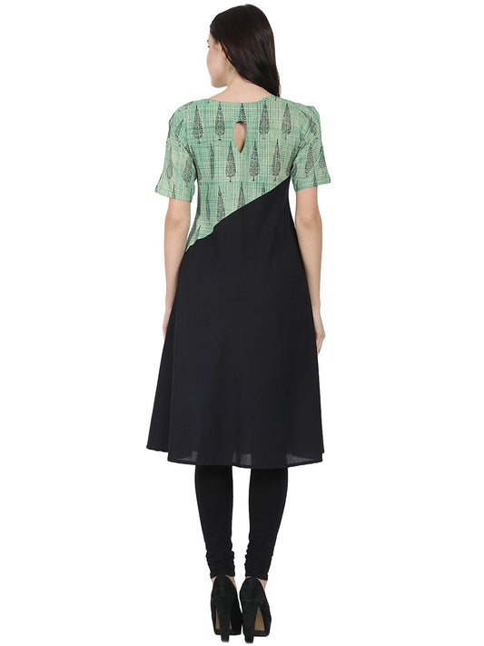 Black & Green Half Sleeve Cotton Block Printed Kurta | LASVINI - Redefining Indian Fashion with Elegance