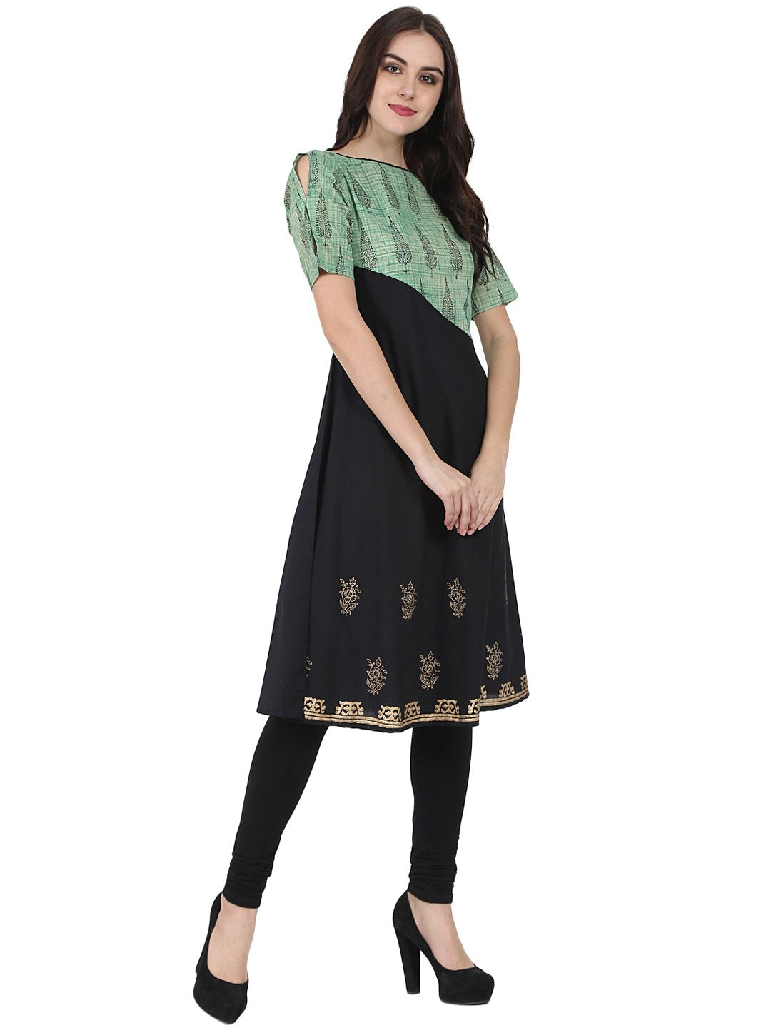 Black & Green Half Sleeve Cotton Block Printed Kurta | LASVINI - Redefining Indian Fashion with Elegance