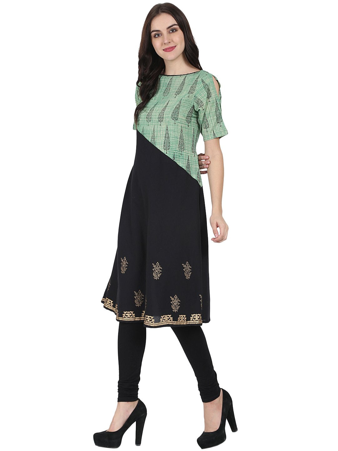 Black & Green Half Sleeve Cotton Block Printed Kurta | LASVINI - Redefining Indian Fashion with Elegance