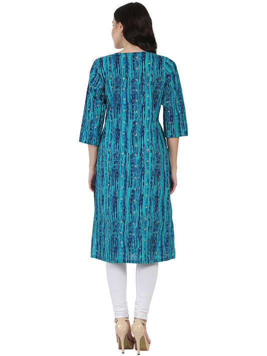 Blue Printed 3/4Th Sleeve Cotton Kurta With Double Pocket | LASVINI - Redefining Indian Fashion with Elegance
