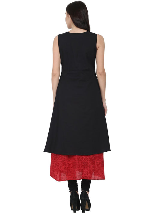 Black & Red Block Printed Sleeveless Cotton Double Layer Kurta | LASVINI - Redefining Indian Fashion with Elegance