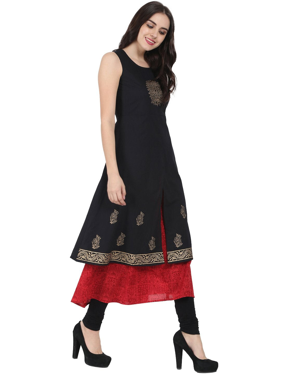 Black & Red Block Printed Sleeveless Cotton Double Layer Kurta | LASVINI - Redefining Indian Fashion with Elegance
