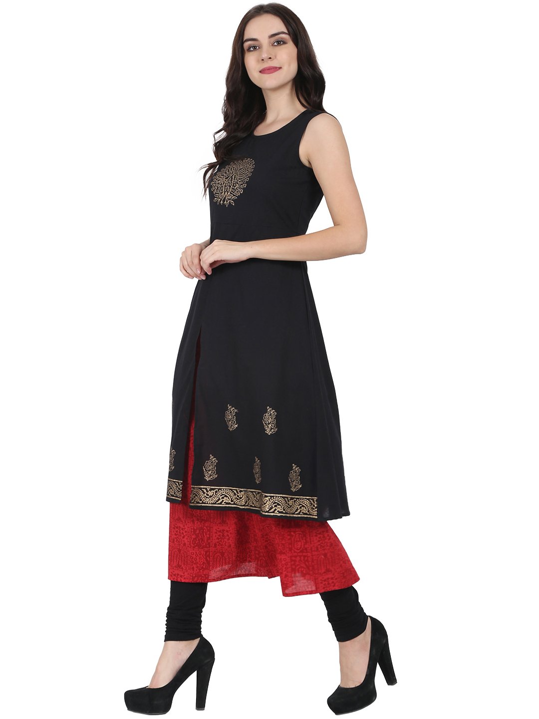 Black & Red Block Printed Sleeveless Cotton Double Layer Kurta | LASVINI - Redefining Indian Fashion with Elegance