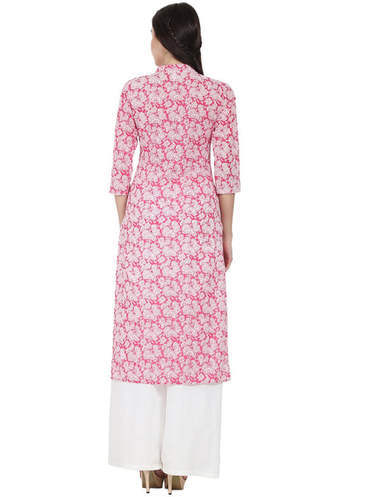 Pink Printed 3/4Th Sleeve Cotton Kurta | LASVINI - Redefining Indian Fashion with Elegance