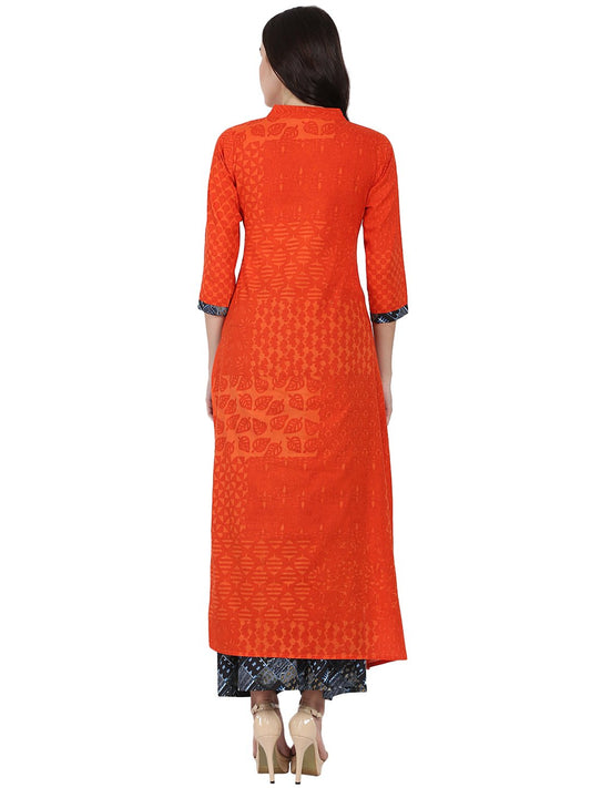 Orange 3/4Th Sleeve Cotton A-Line Kurta With Grey Printed Ankle Length Kurta | LASVINI - Redefining Indian Fashion with Elegance