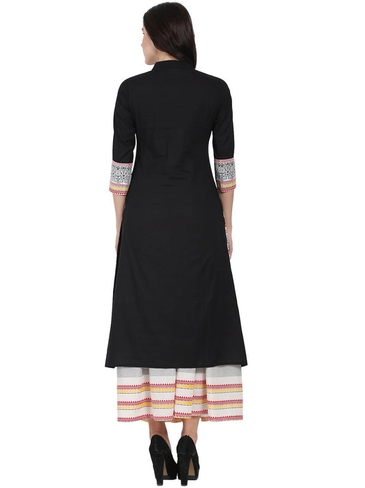 Black 3/4Th Sleeve Cotton Kurta With Off White Printed Ankle Length Flared Skirt | LASVINI - Redefining Indian Fashion with Elegance