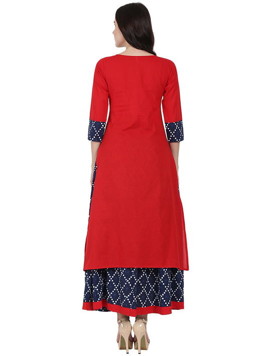 Red Printed 3/4Th Sleeve Cotton Kurta With Blue Printed Skirt | LASVINI - Redefining Indian Fashion with Elegance