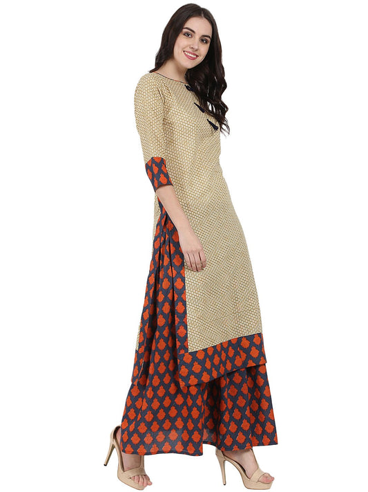 Beige Printed 3/4Th Sleeve Cotton Kurta With Blue Printed Ankle Length Flared Skirt | LASVINI - Redefining Indian Fashion with Elegance
