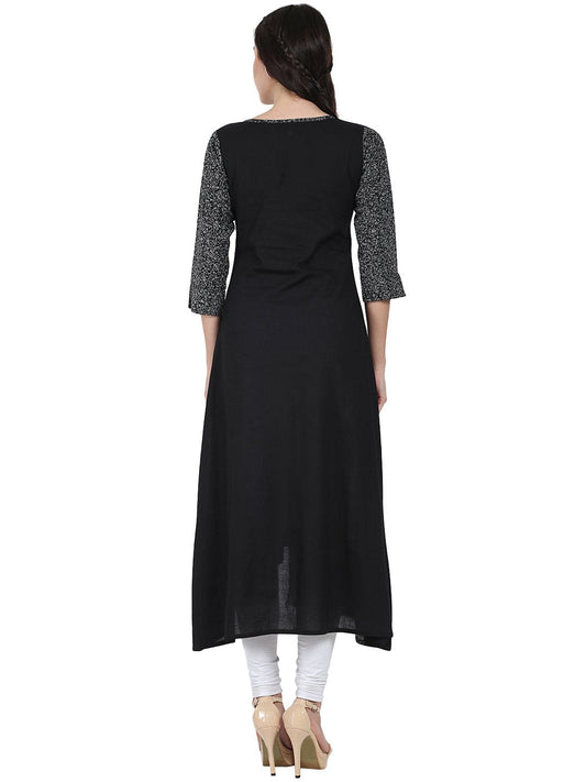 Black Printed 3/4Th Sleeve Cotton A-Line Kurta | LASVINI - Redefining Indian Fashion with Elegance