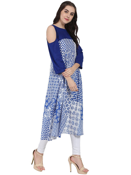 Blue Printed 3/4Th Sleeve Cold Shoulder A-Line Kurta | LASVINI - Redefining Indian Fashion with Elegance