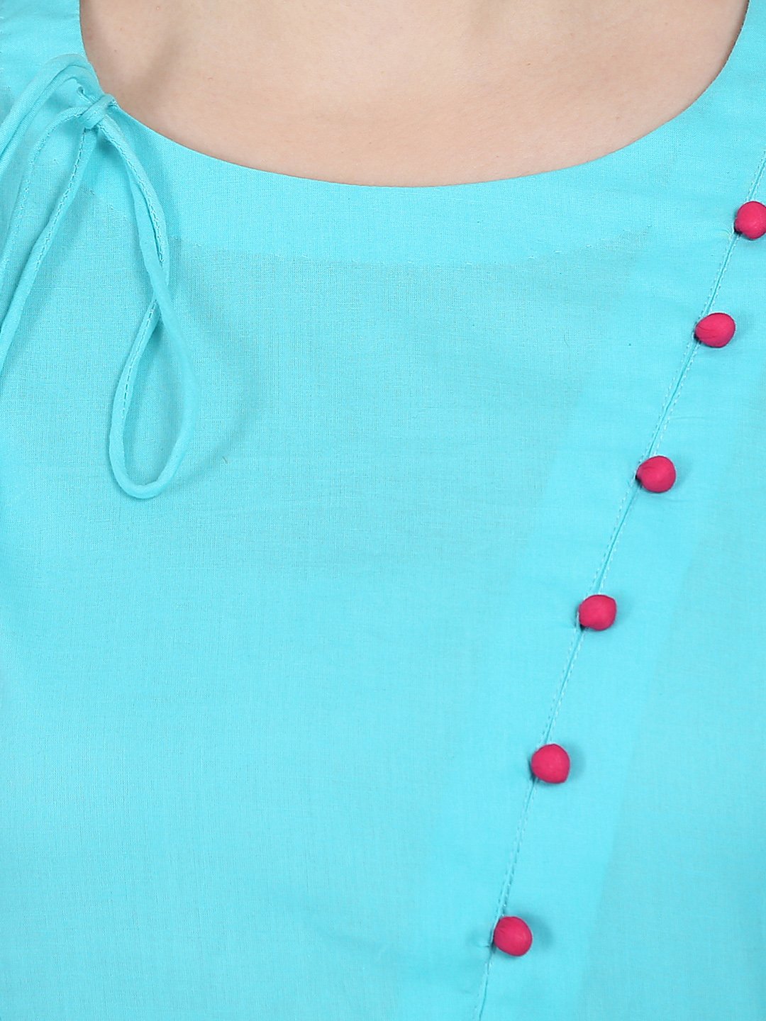 Blue 3/4Th Sleeve Cotton A-Line Kurta With Latkan Work At Yoke | LASVINI - Redefining Indian Fashion with Elegance